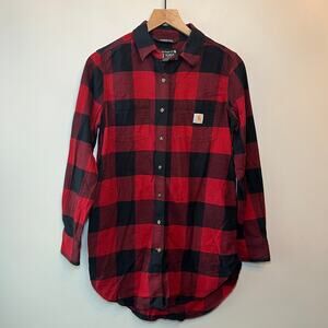 Carhartt Women's Rugged Flex Relaxed Fit Flannel Button Shirt Red Black Small
